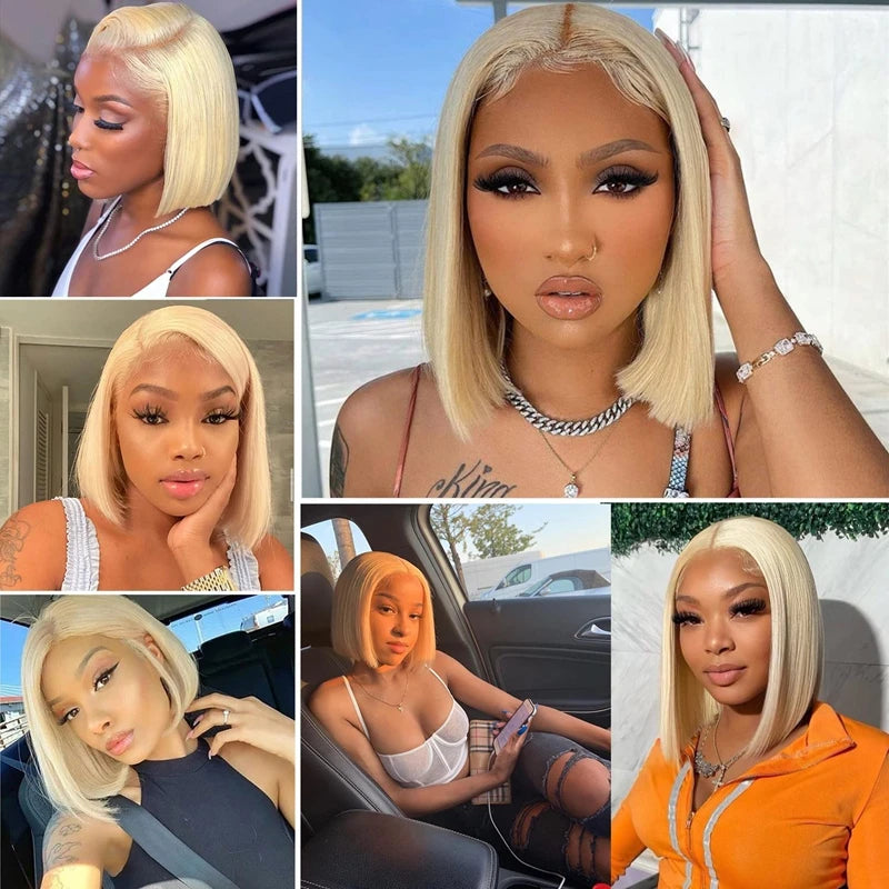 200% Density Blonde 13x4 Straight Lace Frontal Bob Wig Silky #613 Blonde Color Pre Plucked With Baby Hair 100% Human Hair Wigs