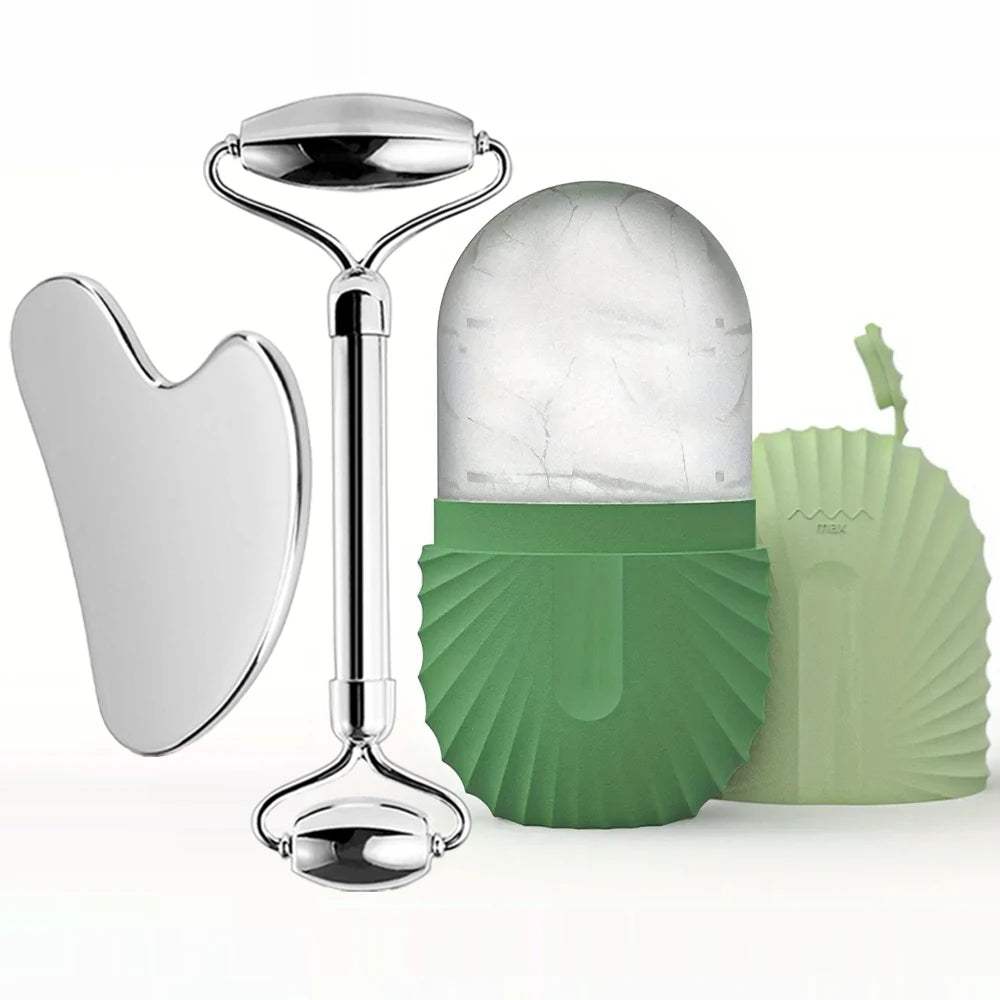 3 in 1 Ice Face Roller Facial Skincare Ice Roller Set, Stainless Steel Facial Roller Gua Sha Face Tool Face Massage Roller Mold Cube