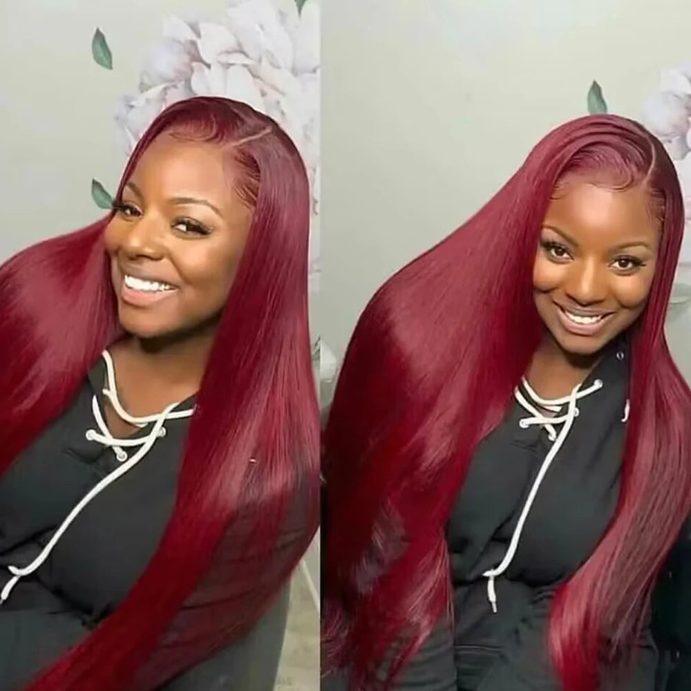 HD Lace Front Wig – 99J Red Straight Hair, 200% Fullness, Human Hair