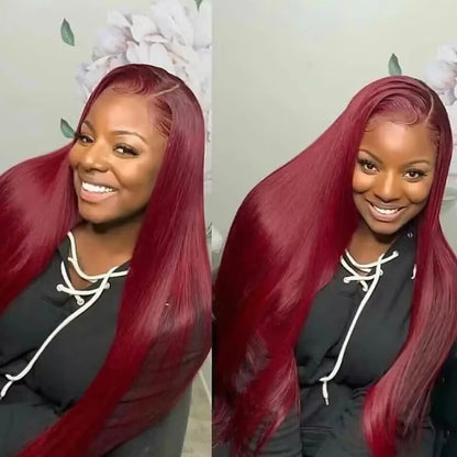 HD Lace Front Wig – 99J Red Straight Hair, 200% Fullness, Human Hair