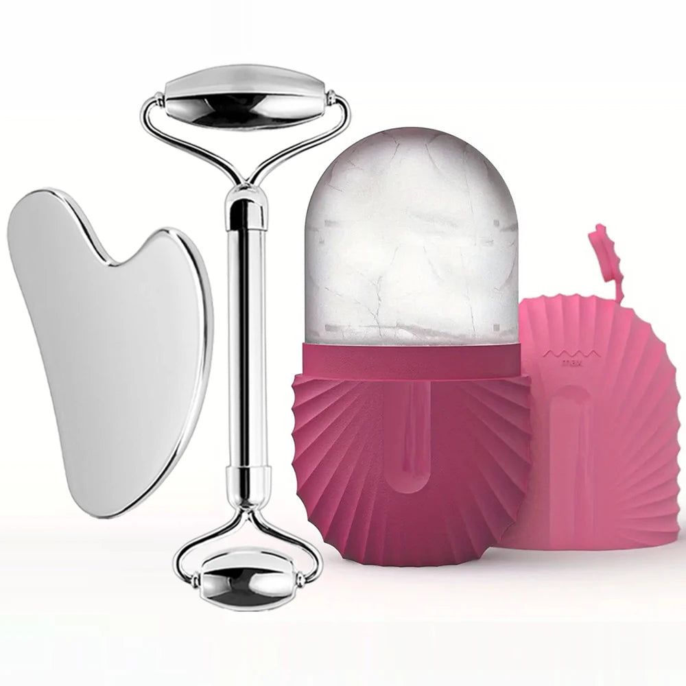 3 in 1 Ice Face Roller Facial Skincare Ice Roller Set, Stainless Steel Facial Roller Gua Sha Face Tool Face Massage Roller Mold Cube
