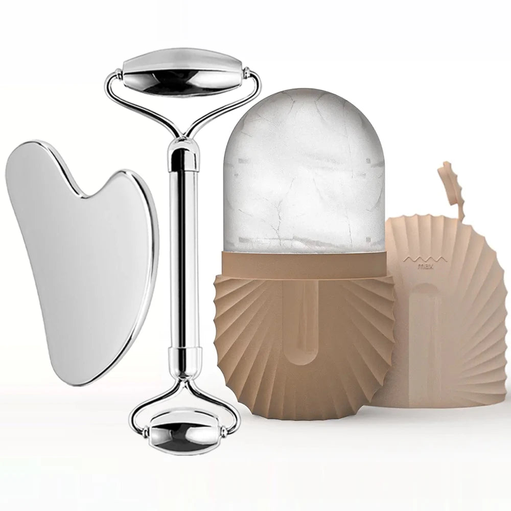 3 in 1 Ice Face Roller Facial Skincare Ice Roller Set, Stainless Steel Facial Roller Gua Sha Face Tool Face Massage Roller Mold Cube