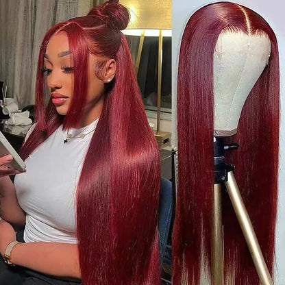 HD Lace Front Wig – 99J Red Straight Hair, 200% Fullness, Human Hair