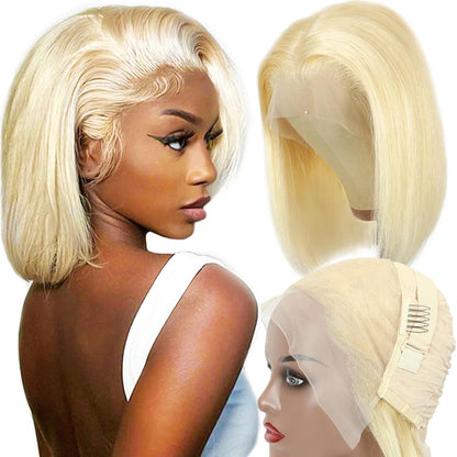 200% Density Blonde 13x4 Straight Lace Frontal Bob Wig Silky #613 Blonde Color Pre Plucked With Baby Hair 100% Human Hair Wigs