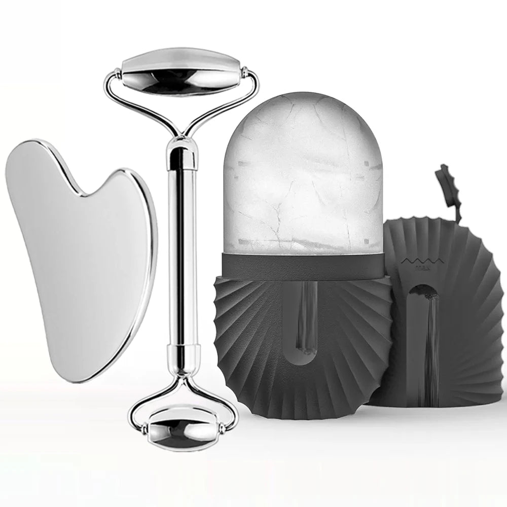 3 in 1 Ice Face Roller Facial Skincare Ice Roller Set, Stainless Steel Facial Roller Gua Sha Face Tool Face Massage Roller Mold Cube