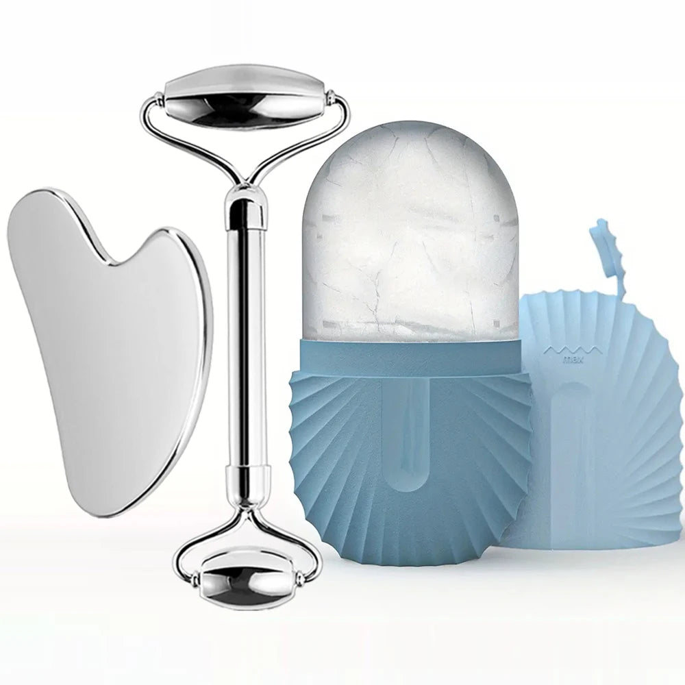 3 in 1 Ice Face Roller Facial Skincare Ice Roller Set, Stainless Steel Facial Roller Gua Sha Face Tool Face Massage Roller Mold Cube