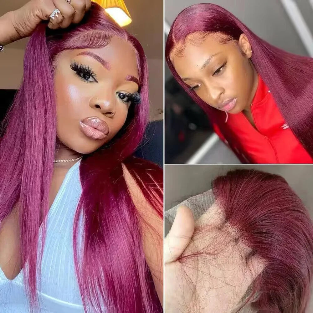HD Lace Front Wig – 99J Red Straight Hair, 200% Fullness, Human Hair